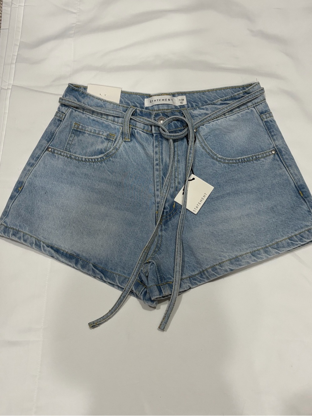 Statement Light Wash Denim Tie-Belt Shorts